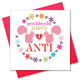 Welsh Birthday Card, Penblwydd Hapus, Anti, Squirrels, Happy Birthday Aunt