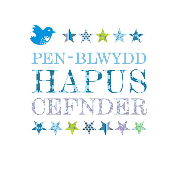 Welsh Birthday Card, Penblwydd Hapus, Cefnder, Blue Stars, Happy Birthday Cousin