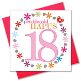 Welsh 18th Birthday Card, Penblwydd Hapus, Pink Age 18