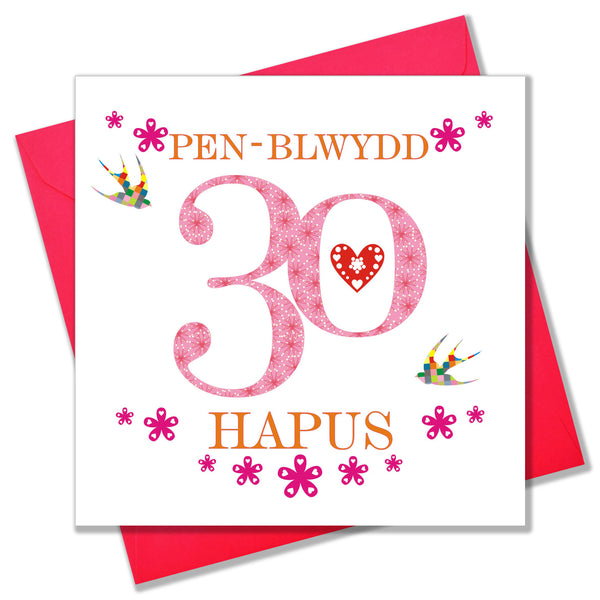 Welsh Birthday Card, Penblwydd Hapus, Pink Age 30, Happy 30th Birthday