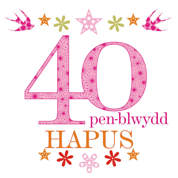 Welsh Birthday Card, Penblwydd Hapus, Pink Age 40, Happy 40th Birthday