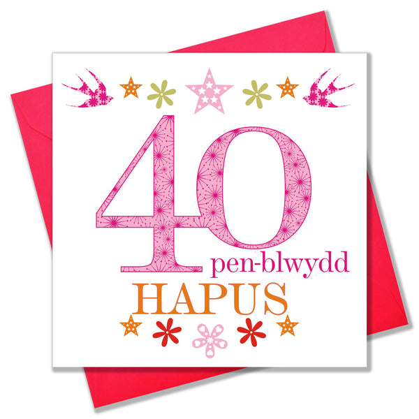 Welsh Birthday Card, Penblwydd Hapus, Pink Age 40, Happy 40th Birthday
