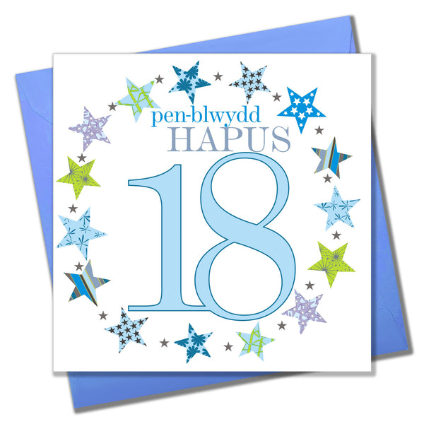 Welsh 18th Birthday Card, Penblwydd Hapus, Blue Age 18