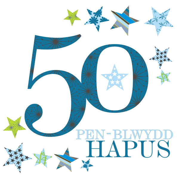 Welsh Birthday Card, Penblwydd Hapus, Blue Age 50, Happy 50th Birthday