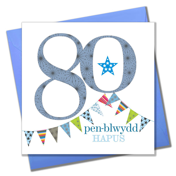 Welsh Birthday Card, Penblwydd Hapus, Blue Age 80, Happy 80th Birthday
