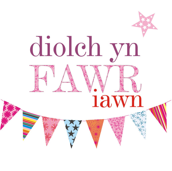 Welsh Thank You Card, Pink Bunting, Thank You very Much