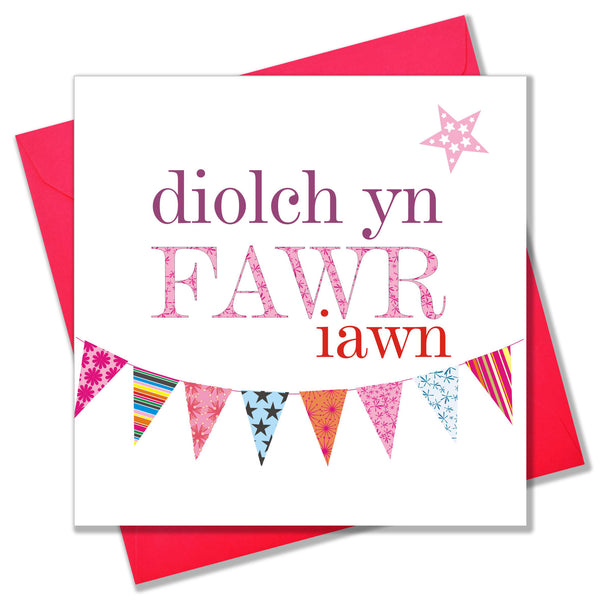 Welsh Thank You Card, Pink Bunting, Thank You very Much