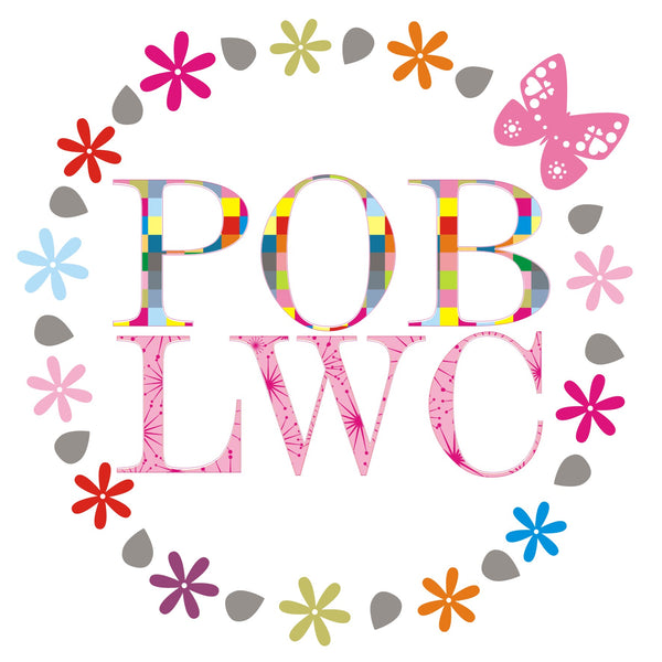 Welsh Good Luck Card, Pink flowers and butterfly