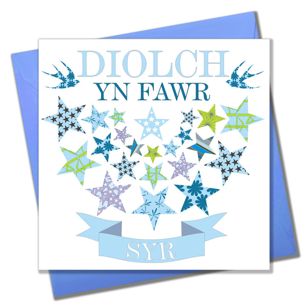 Welsh Thank You Card, Blue Stars, To a Great Teacher