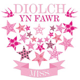 Welsh Thank You Card, Pink Stars, To a Great Teacher