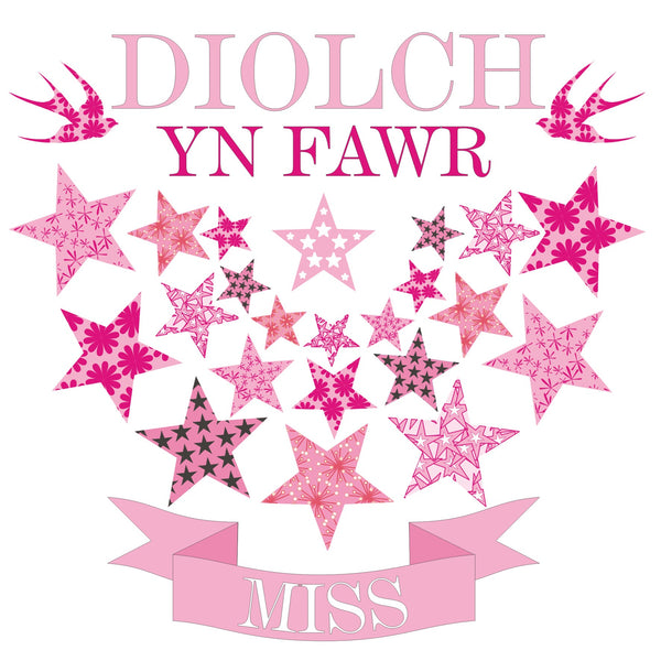 Welsh Thank You Card, Pink Stars, To a Great Teacher