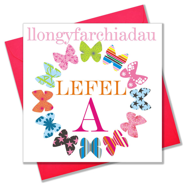 Welsh Congratulations A Level Card, Exam Results, Pink Stars