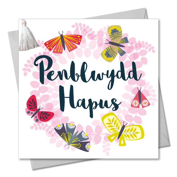 Welsh Birthday Card, Penblwydd Hapus, Butterfly Wreath, Tassel Embellished