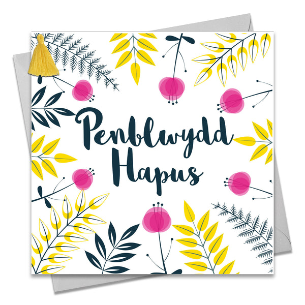 Welsh Birthday Card, Penblwydd Hapus, Spring Flowers, Tassel Embellished