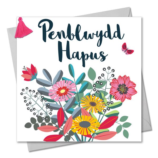 Welsh Birthday Card, Penblwydd Hapus, Bouquet, Tassel Embellished