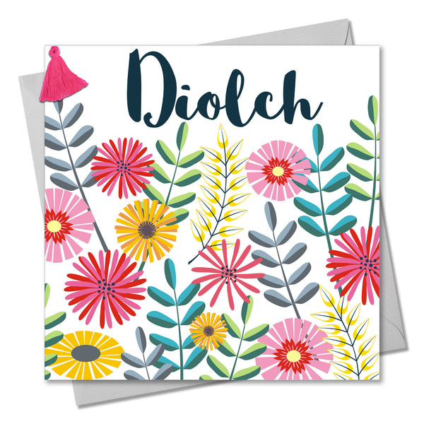 Welsh Thank You Card, Flowers, Thank You, Embellished with a colourful tassel