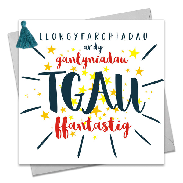 Welsh GCSE Exam Congratulations Card, Stars, Tassel Embellished