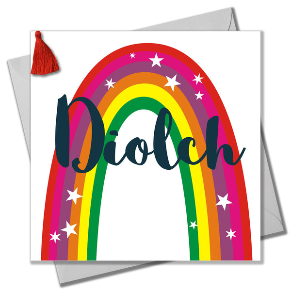 Welsh Thank You Card, Diolch, Rainbow, Embellished with a colourful tassel