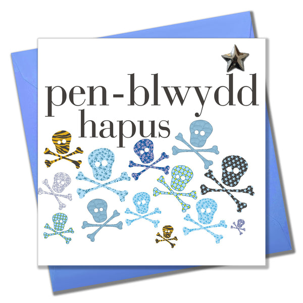 Welsh Birthday Card, Penblwydd Hapus, Skulls, padded star embellished
