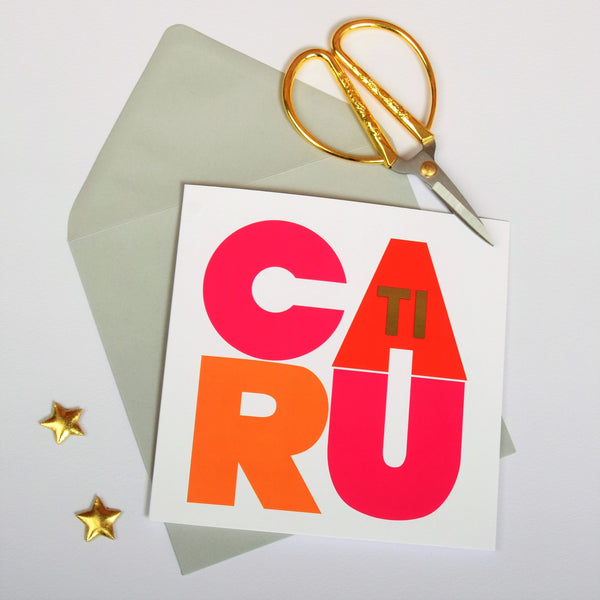 Welsh Valentines Day Card, Love You Caru Ti, text foiled in shiny gold