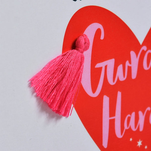 Welsh Wife Valentine's Day Card, Gwraig, Pink Heart, Tassel Embellished
