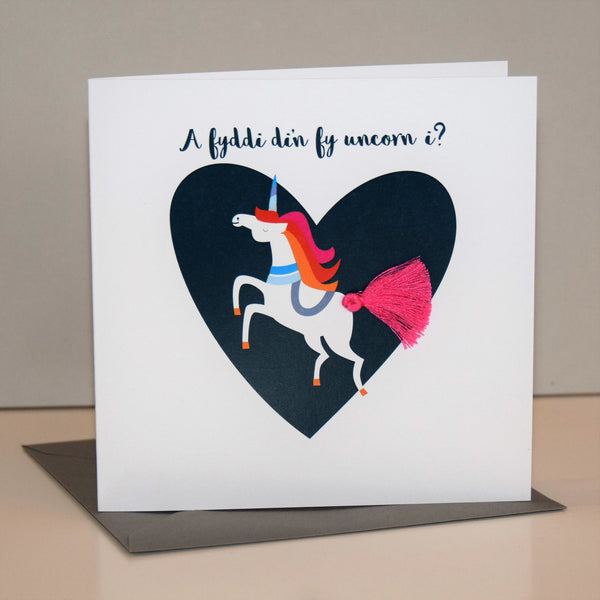Welsh Valentine's Day Card, Heart, will you be my unicorn, Tassel Embellished