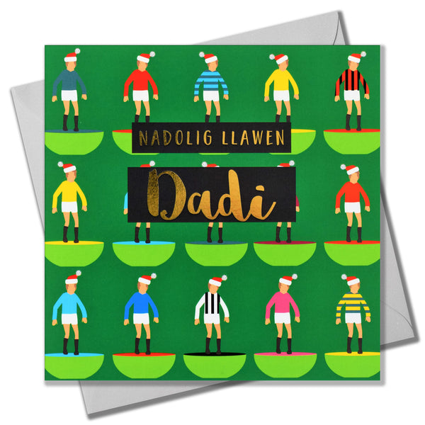 Welsh Christmas Card, Dadi, Daddy Subuteo & Santa hats, text foiled in shiny gold