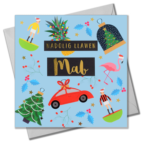 Welsh Christmas Card, Mab, Son Subuteo and Toys, text foiled in shiny gold