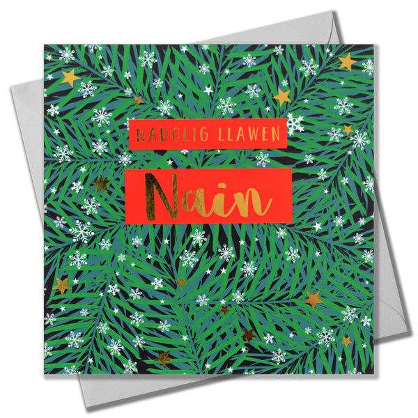 Welsh Christmas Card, Nain, Gran Wreath and Snowflakes, text foiled in shiny gold