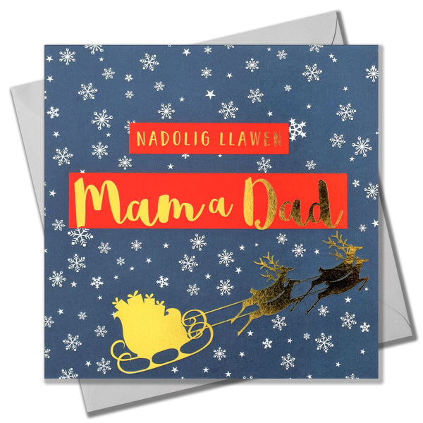 Welsh Christmas Card, Mam & Dad Sleigh & Snowflakes, text foiled in shiny gold