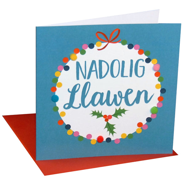 Welsh Christmas Card, Nadolig Llawen, Bauble, Pompom Embellished