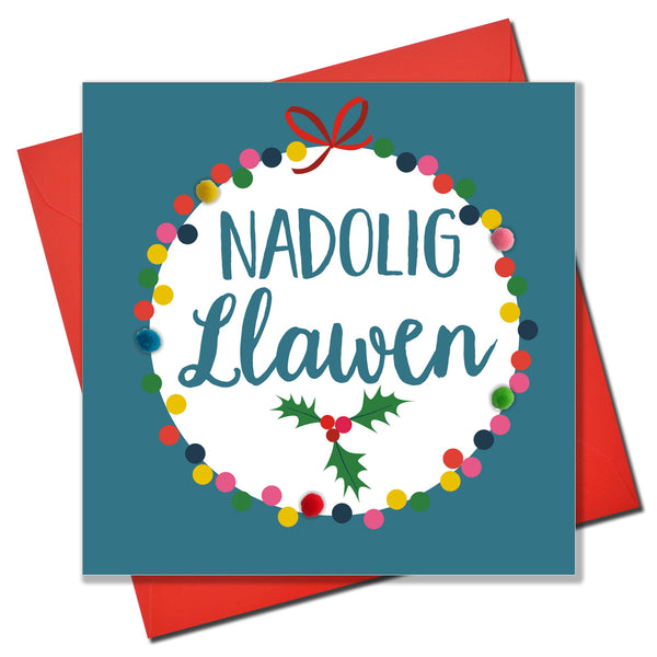 Welsh Christmas Card, Nadolig Llawen, Bauble, Pompom Embellished