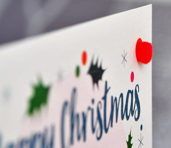 Welsh Christmas Card, Nadolig Llawen, Penguins, Pompom Embellished