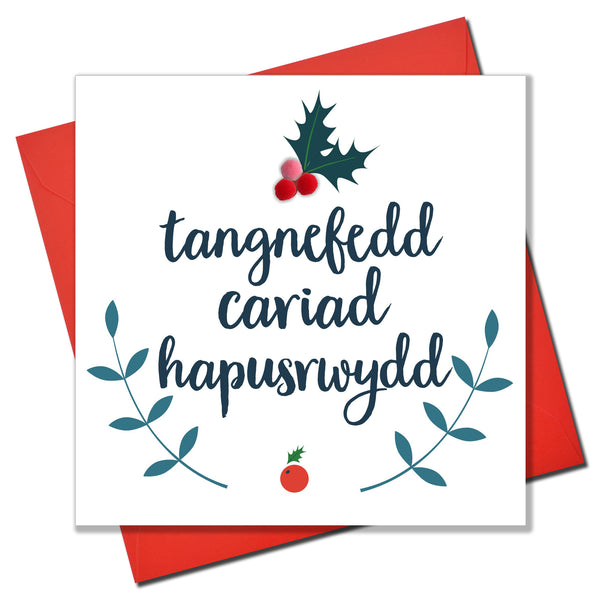 Welsh Christmas Card, Nadolig Llawen, Love, Peace, Joy, Pompom Embellished