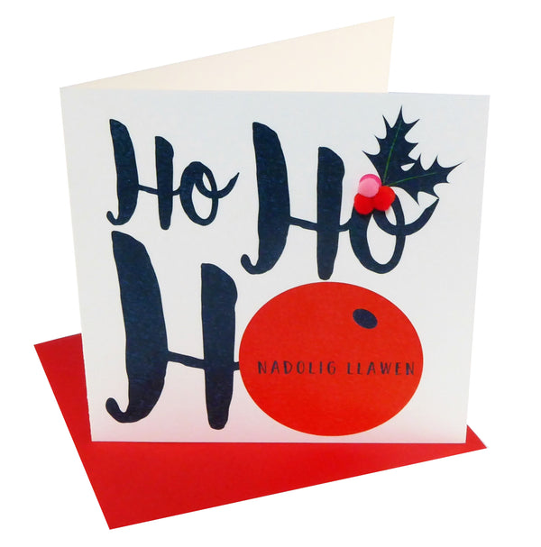 Welsh Christmas Card, Nadolig Llawen, Berries, Ho Ho Ho, Pompom Embellished