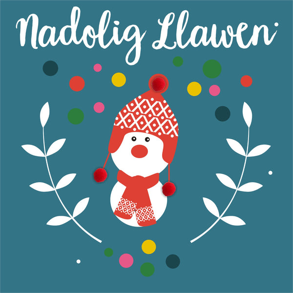 Welsh Christmas Card, Nadolig Llawen, Snowman, Pompom Embellished
