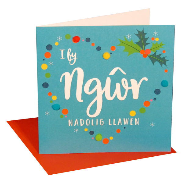 Welsh Husband Christmas Card, Nadolig Llawen Gwr, Blue Heart, Pompom Embellished