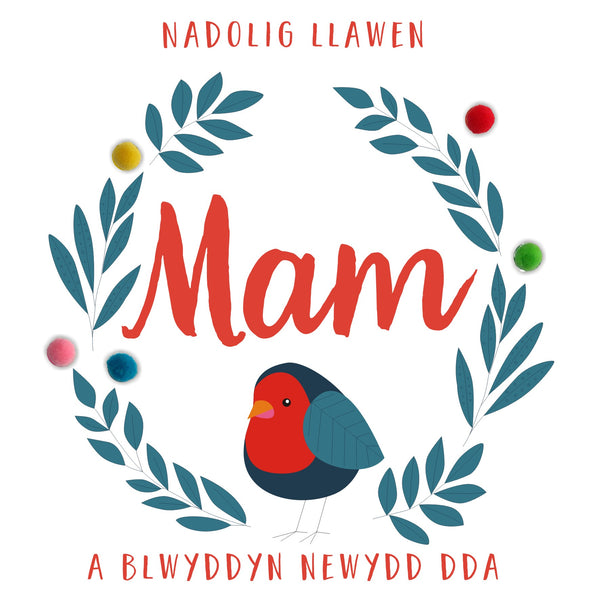 Welsh Mum Christmas Card, Nadolig Llawen Mam, Robin, Pompom Embellished
