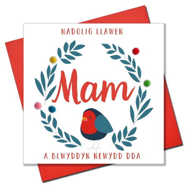 Welsh Mum Christmas Card, Nadolig Llawen Mam, Robin, Pompom Embellished