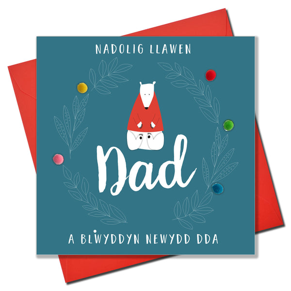 Welsh Dad Christmas Card, Nadolig Llawen, Polar Bear, Pompom Embellished