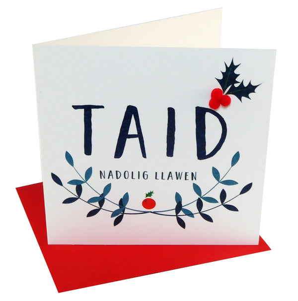 Welsh Grandpa Christmas Card, Nadolig Llawen Taid, Holly, Pompom Embellished