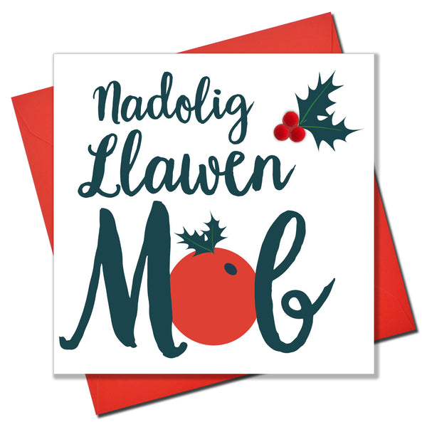 Welsh Son Christmas Card, Nadolig Llawen Mab, Big Berry, Pompom Embellished