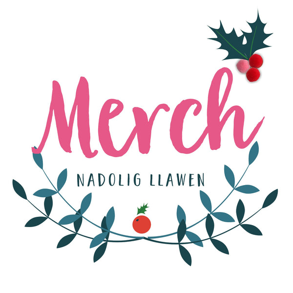 Welsh Daughter Christmas Card, Nadolig Llawen Merch, Berries, Pompom Embellished