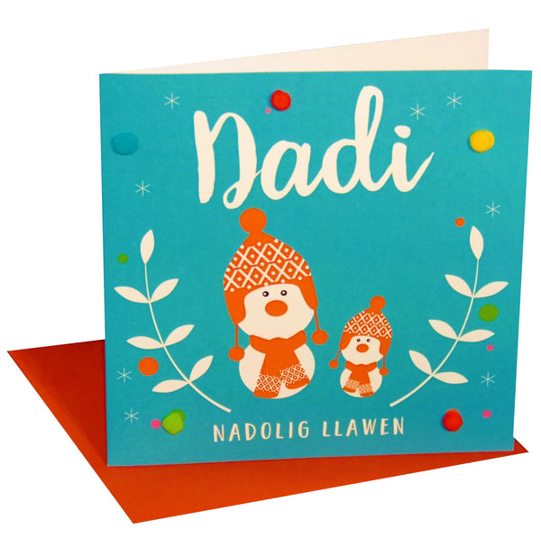 Welsh Daddy Christmas Card, Nadolig Llawen Dadi, two snowmen, Pompom Embellished