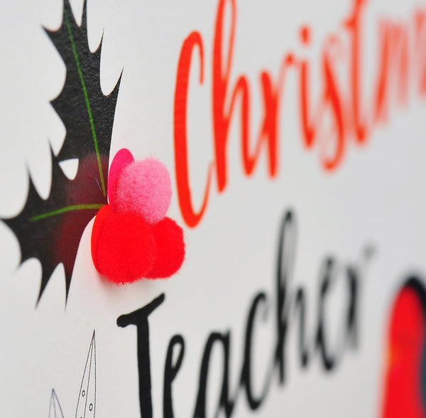 Welsh Female Teacher Christmas Card, Nadolig Llawen Athrawes, Pompom Embellished