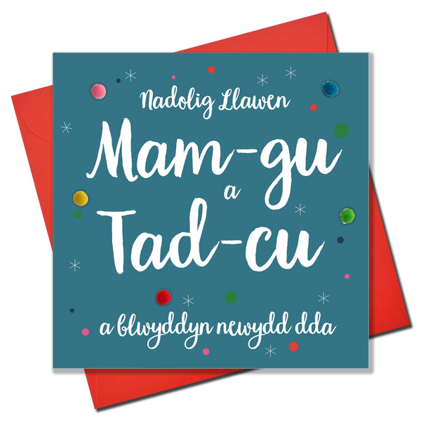Welsh Grandma and Grandad Christmas Card, Tad-cu a Mam-gu, Pompom Embellished