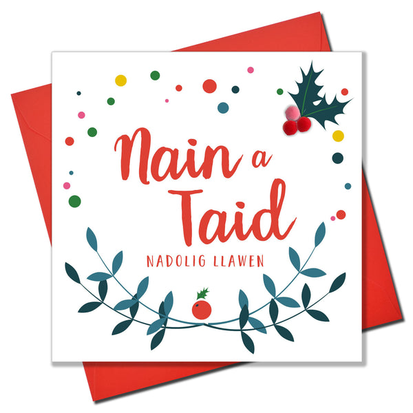 Welsh Granny and Grandad Christmas Card, Nain a Taid, Pompom Embellished
