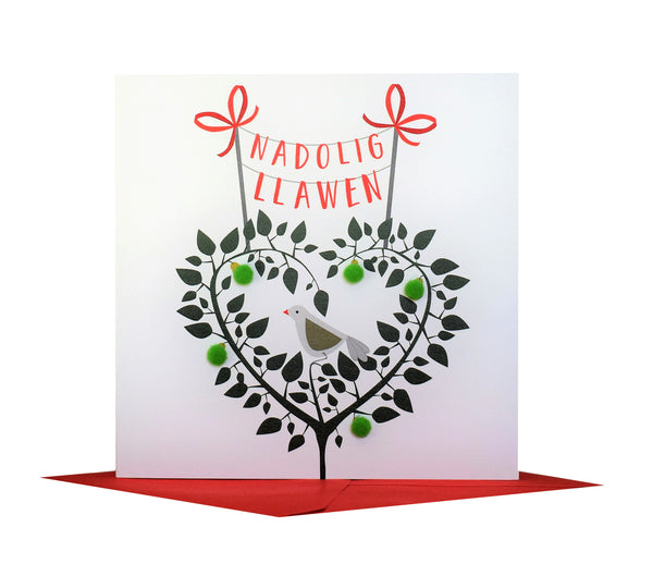 Welsh Christmas Card Nadolig Llawen, Partridge in a pear tree Pompom Embellished