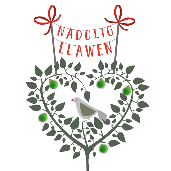 Welsh Christmas Card Nadolig Llawen, Partridge in a pear tree Pompom Embellished