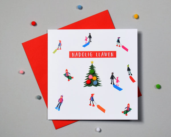 Welsh Christmas Card, Nadolig Llawen, Sledgers around a tree, Pompom Embellished
